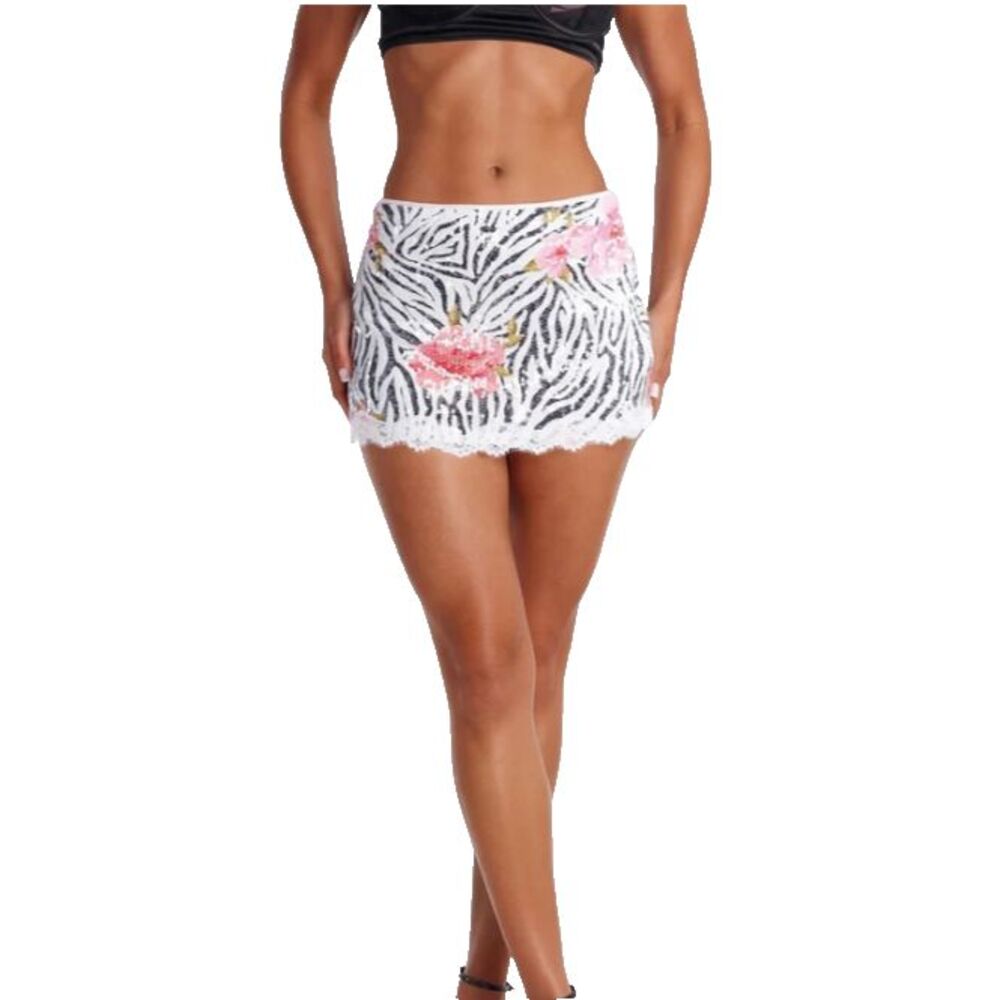 NWT Fashion Nova Wild Love Floral Zebra Sequin Mini Skirt Size S Lace Trim
